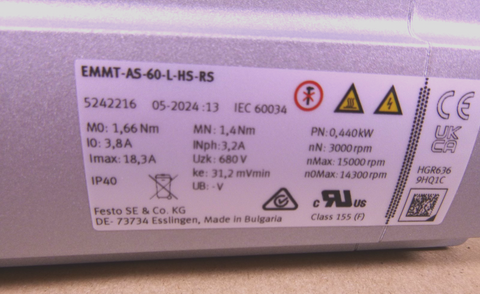 EMMT-AS-60-L-HS-RS Festo Servo Motor 5242216, 680Volt 440W 1.66Nm 14000 1/min | Industrial Electric Motors, Pumps & Parts