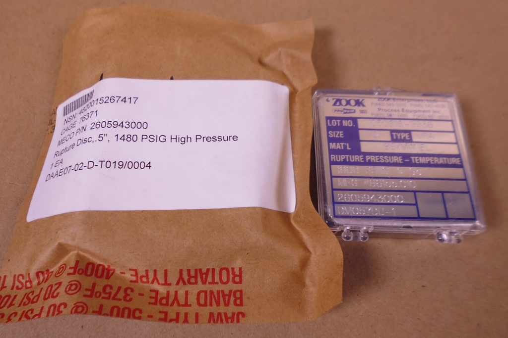 Zook DM057DU-1 Rupture Disc 2605943000 1/2" SS Monel , 4820-01-526-7417 | Industrial MRO Replacement Parts, Manufacturing Machine Parts & Components, Heavy Equipment Parts Supplier