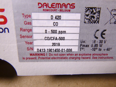 Dalemans D-Line Gas Detection D420 CO (Carbon Monixide) 0-500 ppm