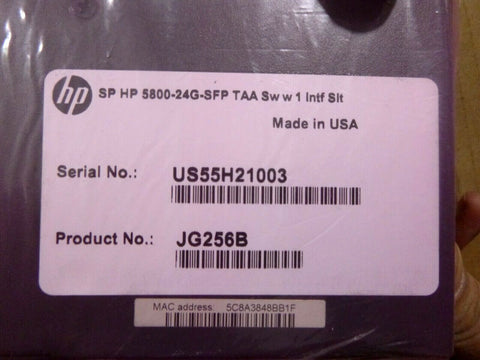 New Hewlett Packard JG256B, 5800-24G-SFP TAA Switch With 1 Interface Slot - USA