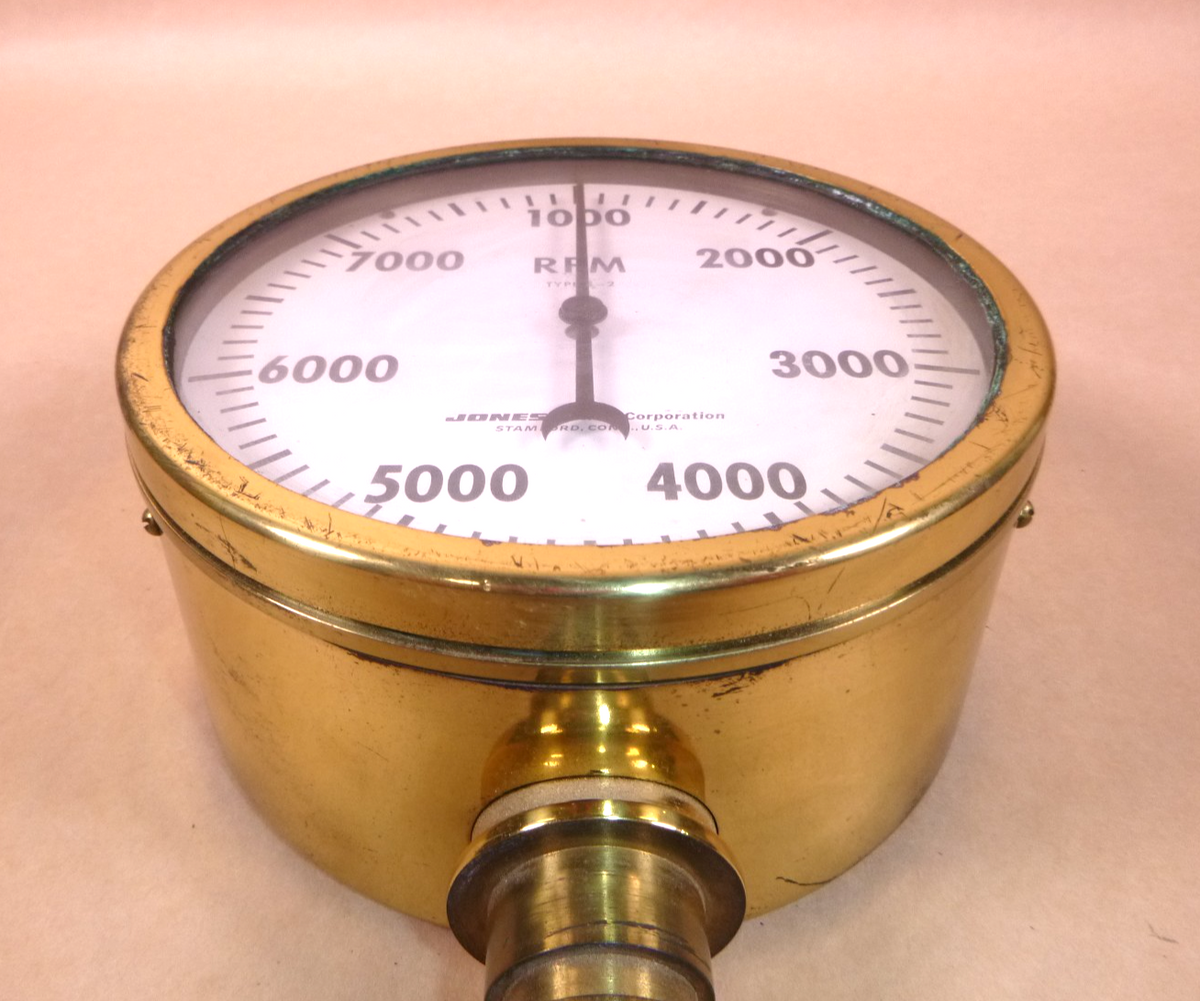 USGI Vintage Jones Naval Ships Brass Tachometer 6-1/2" Face 7000 Rpm Made in USA