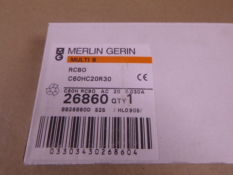 Merlin Gerin Multi9 C60H RCBO AC 20A 30mA 240V Circuit Breaker 26860 C60HC20R30