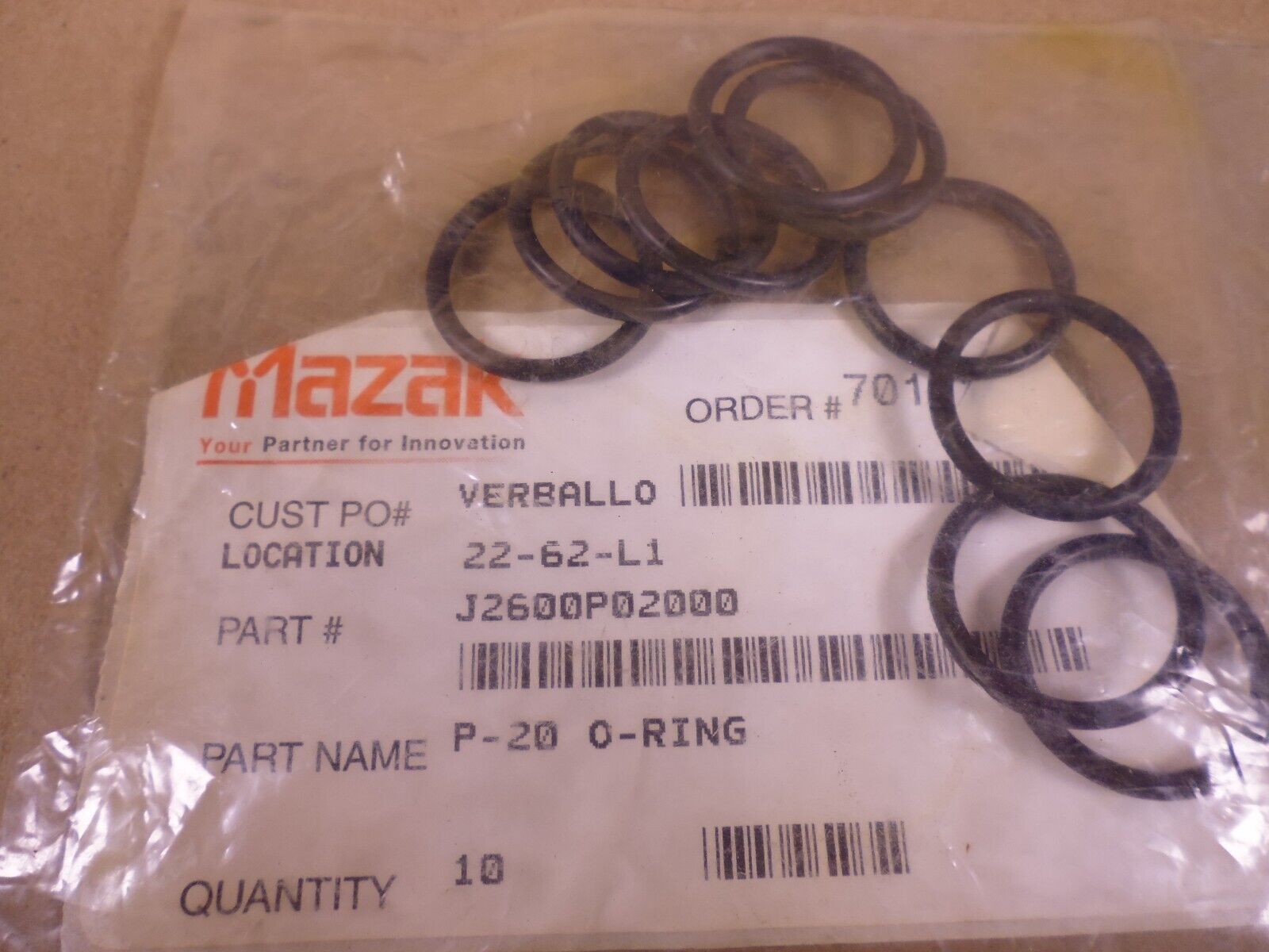 (10 PACK) OEM MAZAK J2600P02000 O-Ring P-20 | Industrial MRO Replacement Parts, Manufacturing Machine Parts &amp; Components, Heavy Equipment Parts Supplier