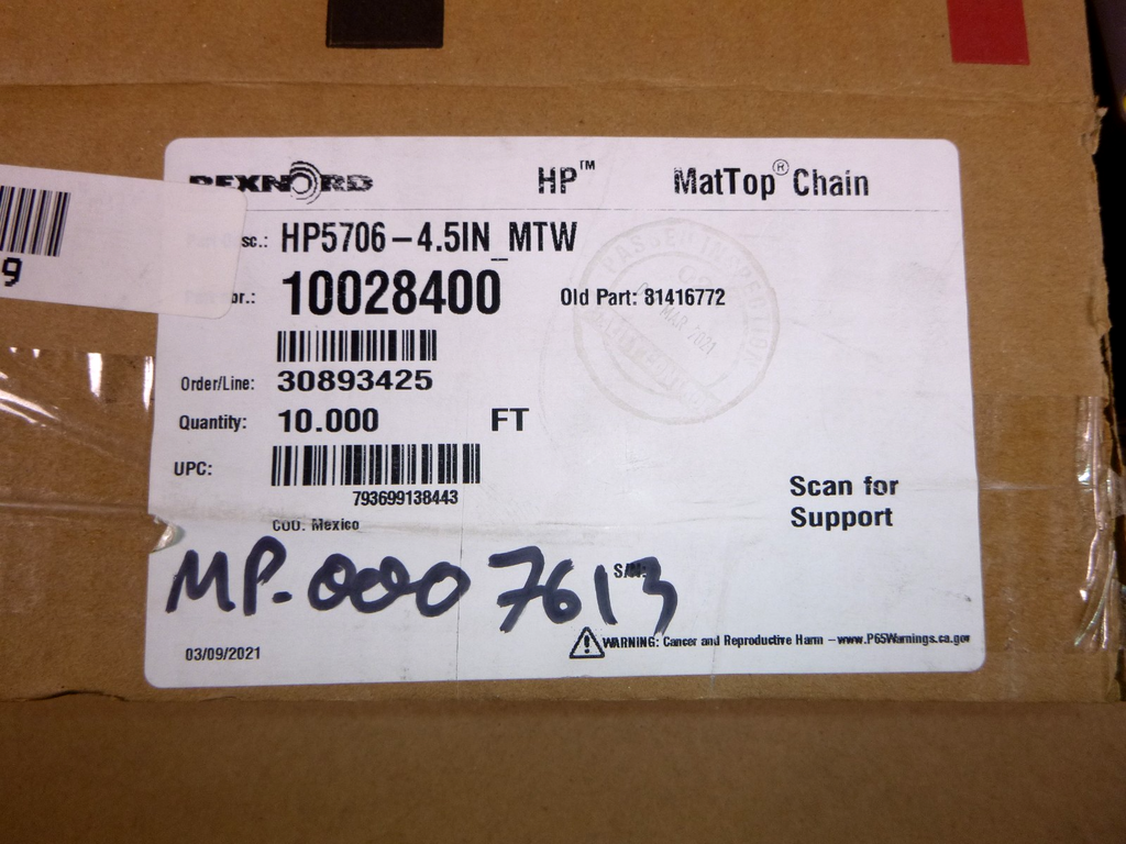 10 Ft. Rexnord HP5706-4.5IN_MTW Flush Grid High Performance Table Top Chain, Tan | Industrial MRO Replacement Parts, Manufacturing Machine Parts & Components, Heavy Equipment Parts Supplier