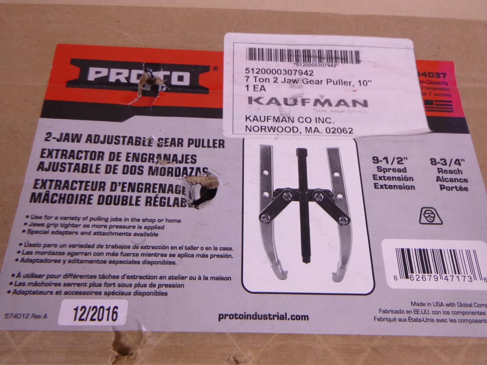 Proto J4037 2-Jaw Adjustable Gear Puller , 7 Ton , 10" , USA