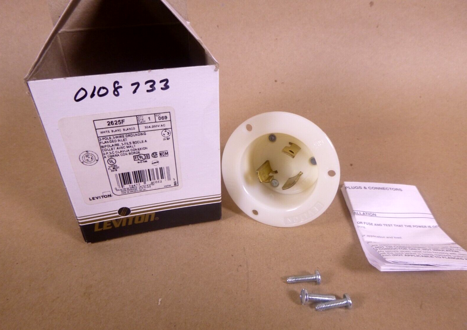 Leviton 2625F, 30 AMP, 250V, 2-pole, 3 wire, Locking Flanged Inlet W/ Grounding | Electrical MRO Replacement Parts &amp; Components and Commercial Electrical Supplies Company