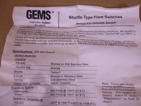 Gems Sensors 68152 Valve Bonnet FS-200 FS-400 Series Shuttle-Type Flow Switch