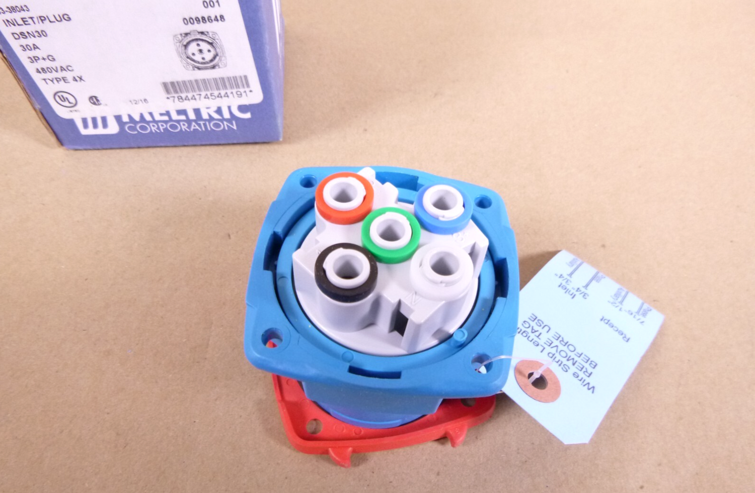 Meltric 63-38043 Inlet Connector, 30A, 480VAC, 15 HP, 3 Pole, No Aux, Blue, IP69 | Electrical MRO Replacement Parts &amp; Components and Commercial Electrical Supplies Company
