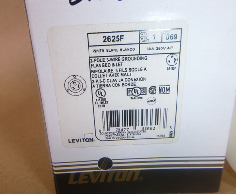 Leviton 2625F,  30 AMP, 250V, 2-pole, 3 wire, Locking Flanged Inlet W/ Grounding