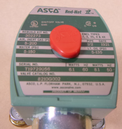 ASCO 3UK51 Solenoid Valve 8210G002 Redhat 1/2" , 50/60HZ , 6.1/8.1 WATTS | Electrical MRO Replacement Parts &amp; Components and Commercial Electrical Supplies Company