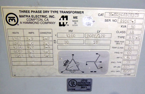 New Marta Electric 30 KVA 3 Phase 4160 - 208Y / 120 Volt Dry Transformer 60 Hz.