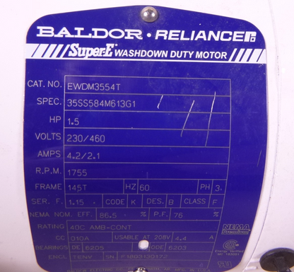Baldor EWDM3554T Super-E Washdown Duty Motor 1.5HP 1755RPM 145T 230/460V 3PH