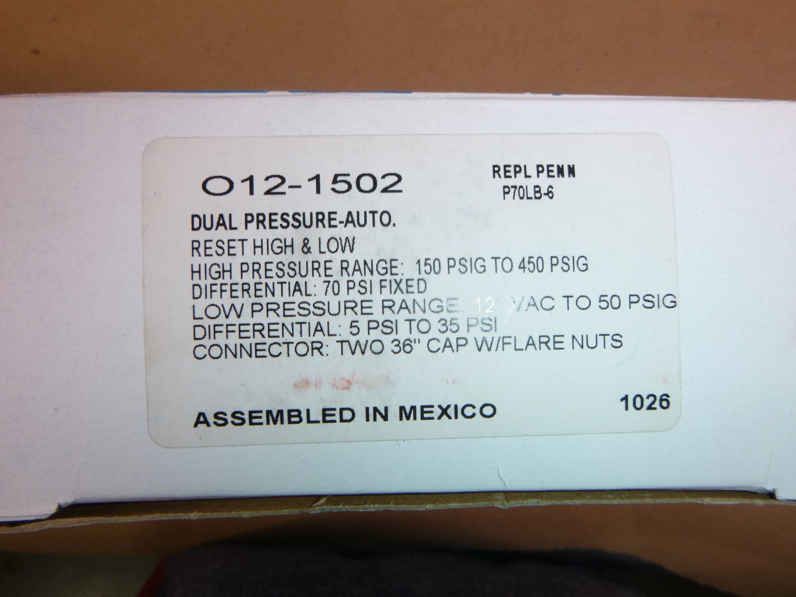 012-1502 Ranco Dual Function Refrigeration Pressure Control 150-450 Cut-Out Psi