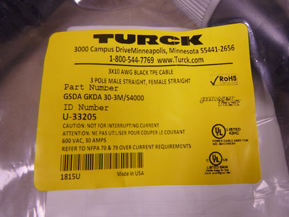 Turck GSDA GKDA 30-3M/S4000 Powerfast Cordset 600VAC 30A 3-Pin M F , U-33205 | Electrical MRO Replacement Parts &amp; Components and Commercial Electrical Supplies Company