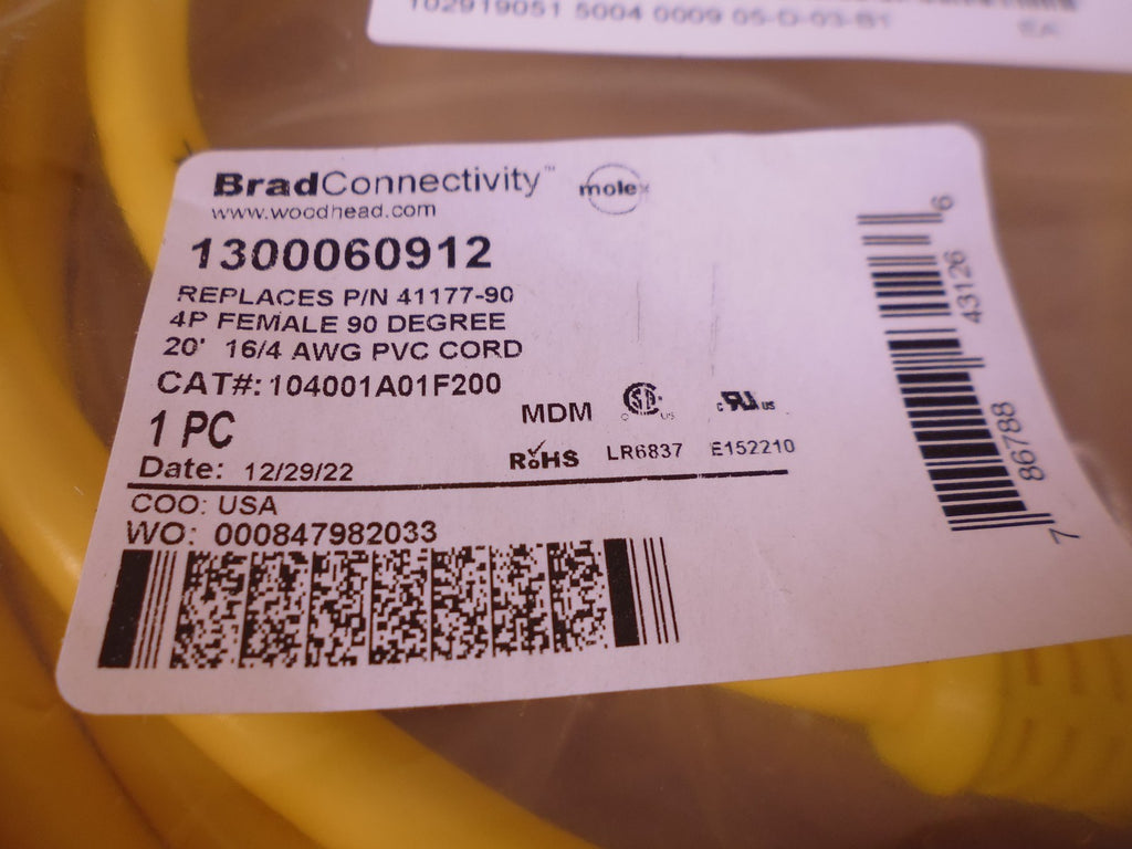 Woodhead Molex 104001A01F200 Cable 4P Female 90 Deg 20' 16/4 1300060912 | Electrical MRO Replacement Parts & Components and Commercial Electrical Supplies Company