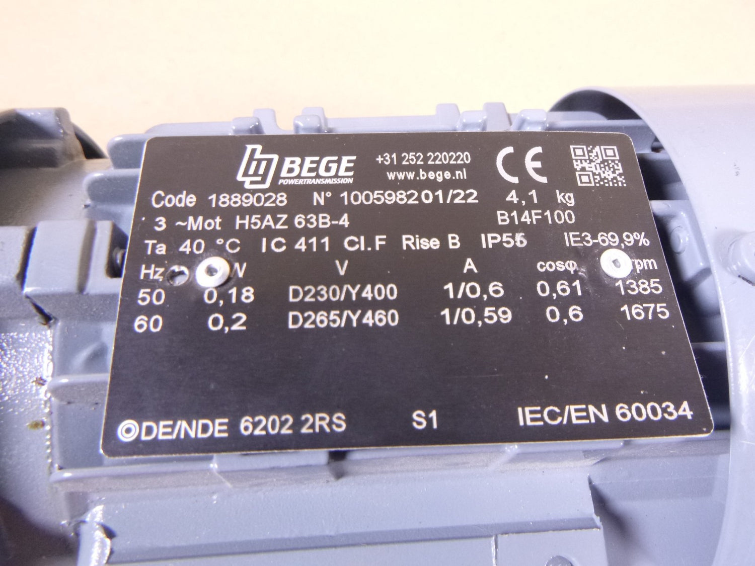 Bege Powertransmission 3-Phase Motor H5AZ 63B-4 0.18/0.2kw 50/60Hz 1675RPM | Industrial Electric Motors, Pumps &amp; Parts