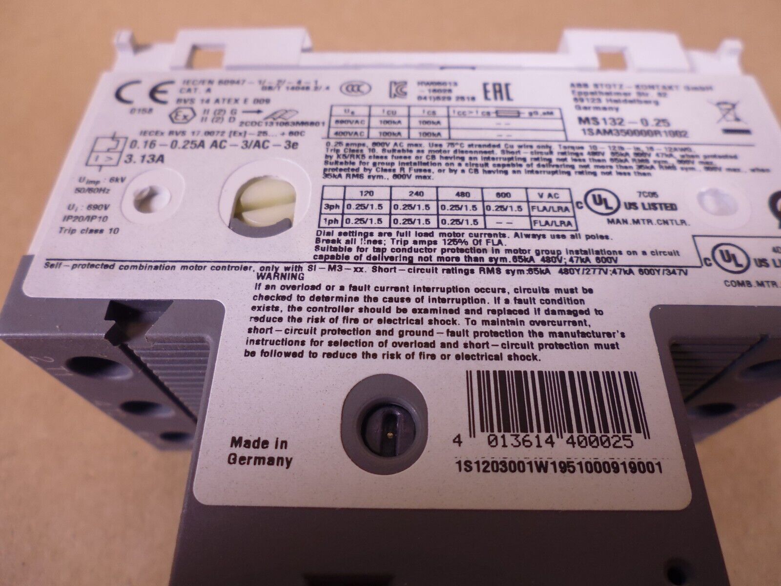 ABB Manual Motor Starter 1SAM350000R1002 MS132-0.25 .16-0.25 Amp | Electrical MRO Replacement Parts &amp; Components and Commercial Electrical Supplies Company