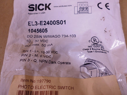 SICK EL3-E2400S01 Photoelectric Switch Sensor 1045605 , DO 25IN W/ Wago 734-103 | Electrical MRO Replacement Parts &amp; Components and Commercial Electrical Supplies Company