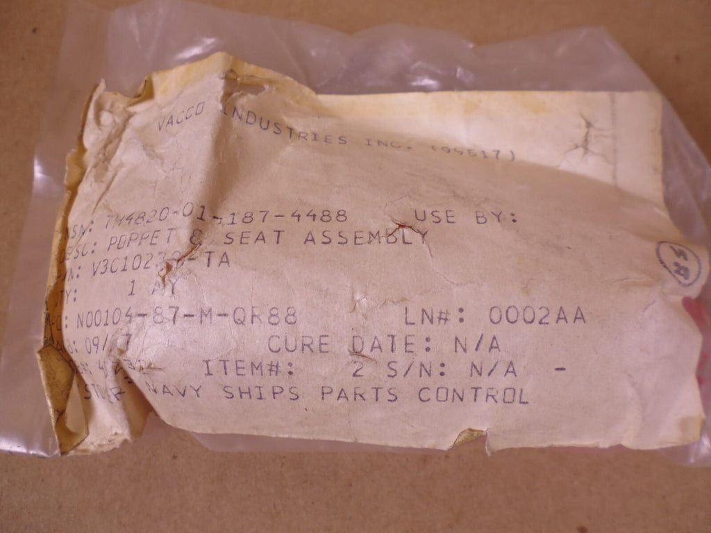 Vacco V3C10230-TA Poppet & Seat Assembly For 5VL , 4820-01-187-4488 | Industrial MRO Replacement Parts, Manufacturing Machine Parts & Components, Heavy Equipment Parts Supplier