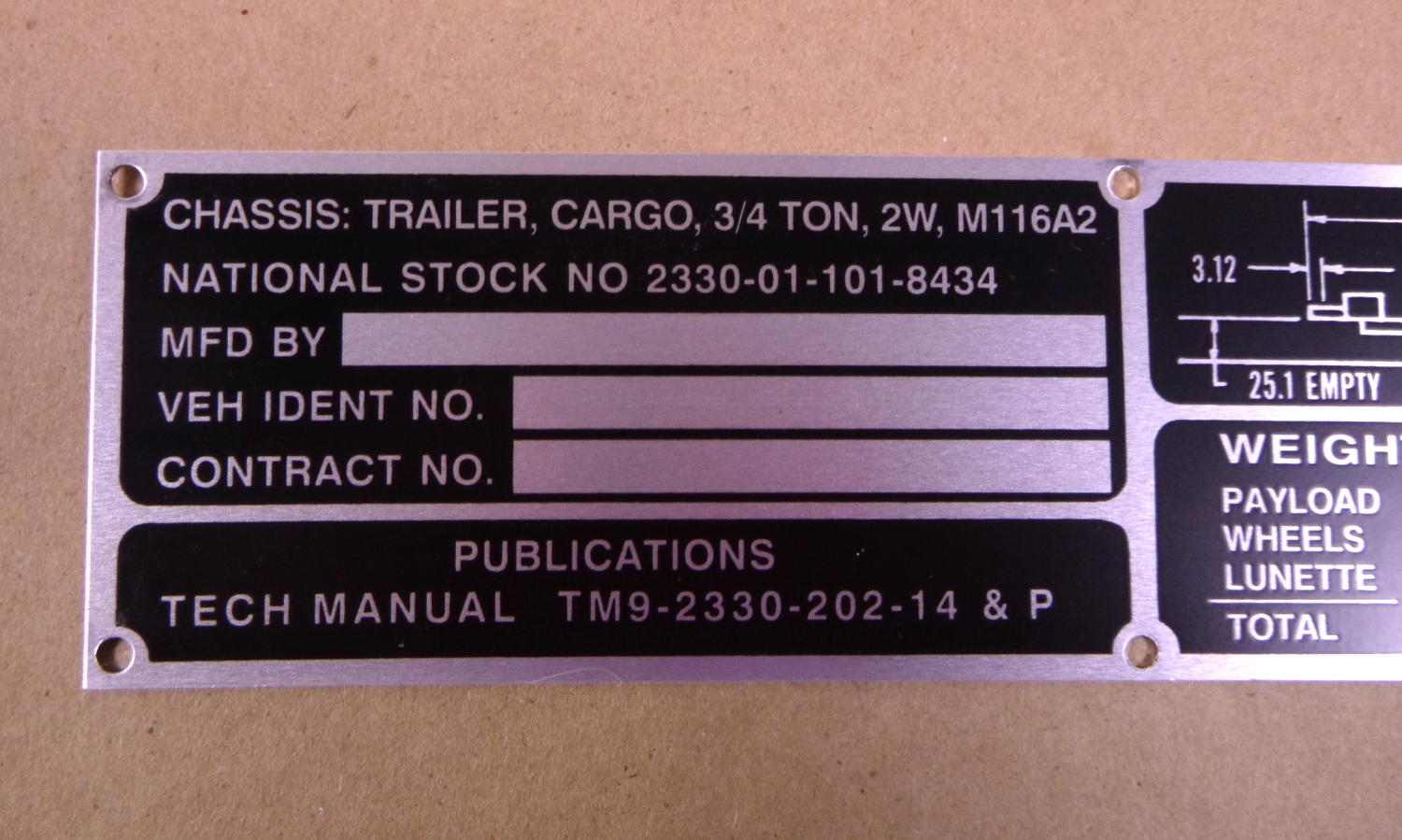 USGI M116A2 3/4 Ton Chassis Trailer Data Plate 12296614, 9905-01-147-5836 | Replacement Truck Parts, Trailer Accessories, Automobile Supplies, Car Parts &amp; Accessories