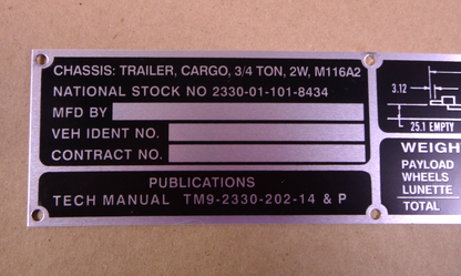 USGI M116A2 3/4 Ton Chassis Trailer Data Plate 12296614, 9905-01-147-5836 | Replacement Truck Parts, Trailer Accessories, Automobile Supplies, Car Parts &amp; Accessories