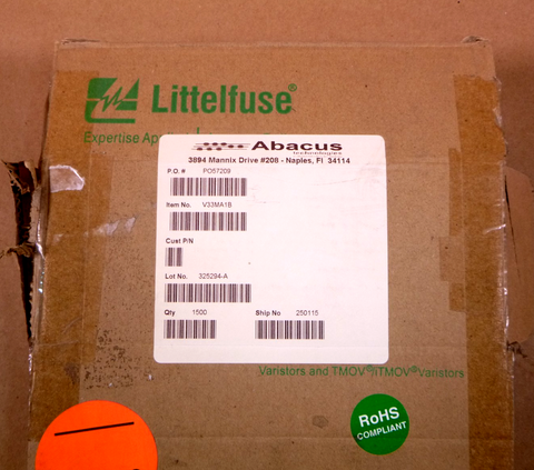 V33MA1B Littlefuse Axial Varistor 3mm ROHS / Lead Free (1000 Pcs.) | Electrical MRO Replacement Parts & Components and Commercial Electrical Supplies Company