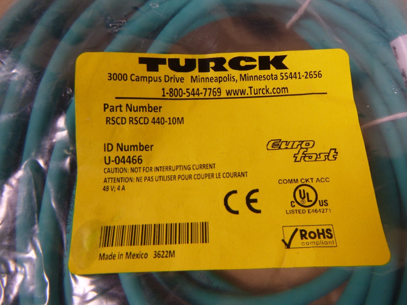 Turck RSCD RSCD 440-10M Industrial Ethernet Cable 4-Pin 10M Euro Fast , U-04466 | Electrical MRO Replacement Parts &amp; Components and Commercial Electrical Supplies Company