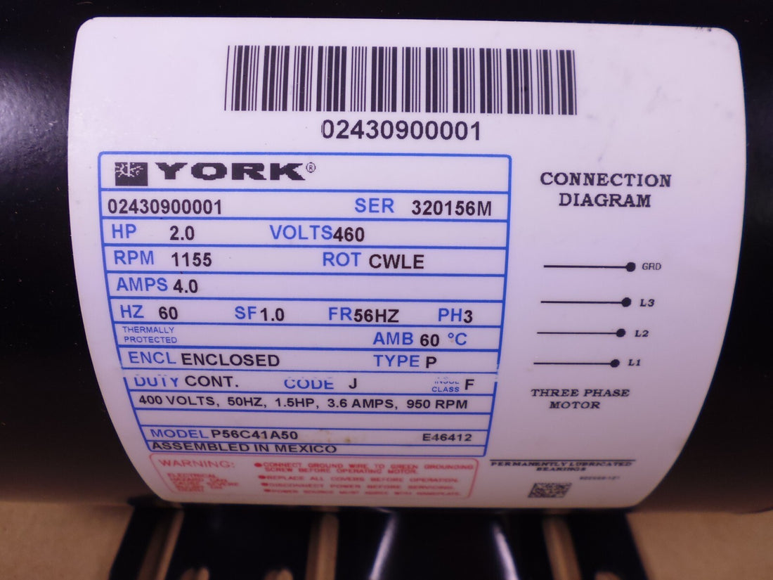 York Condenser Fan Motor P56C41A50 2HP 460V 1155RPM 56HZ Frame 3PH | Industrial Electric Motors, Pumps &amp; Parts