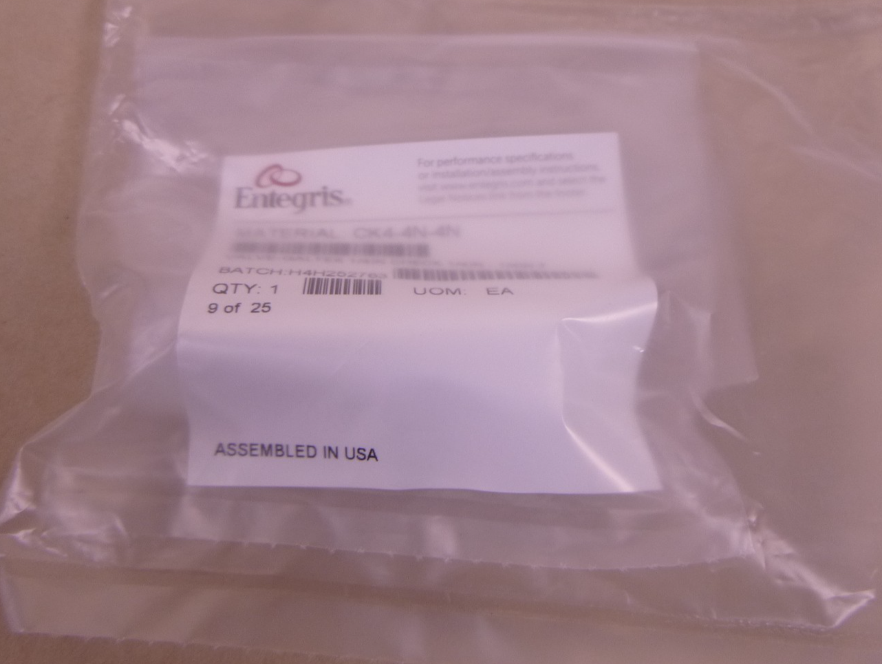 Entegris CK4-4N-4N Galtek Check Valve, 1/4" x 1/4" FNPT , 2.39" Long