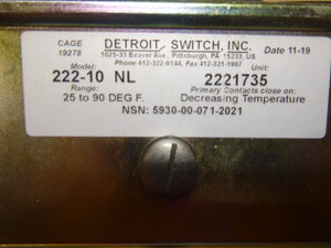 DETROIT SWITCH 222-10 NL TEMPERATURE CONTROL SWITCH 2221735 , 5930-00-071-2021