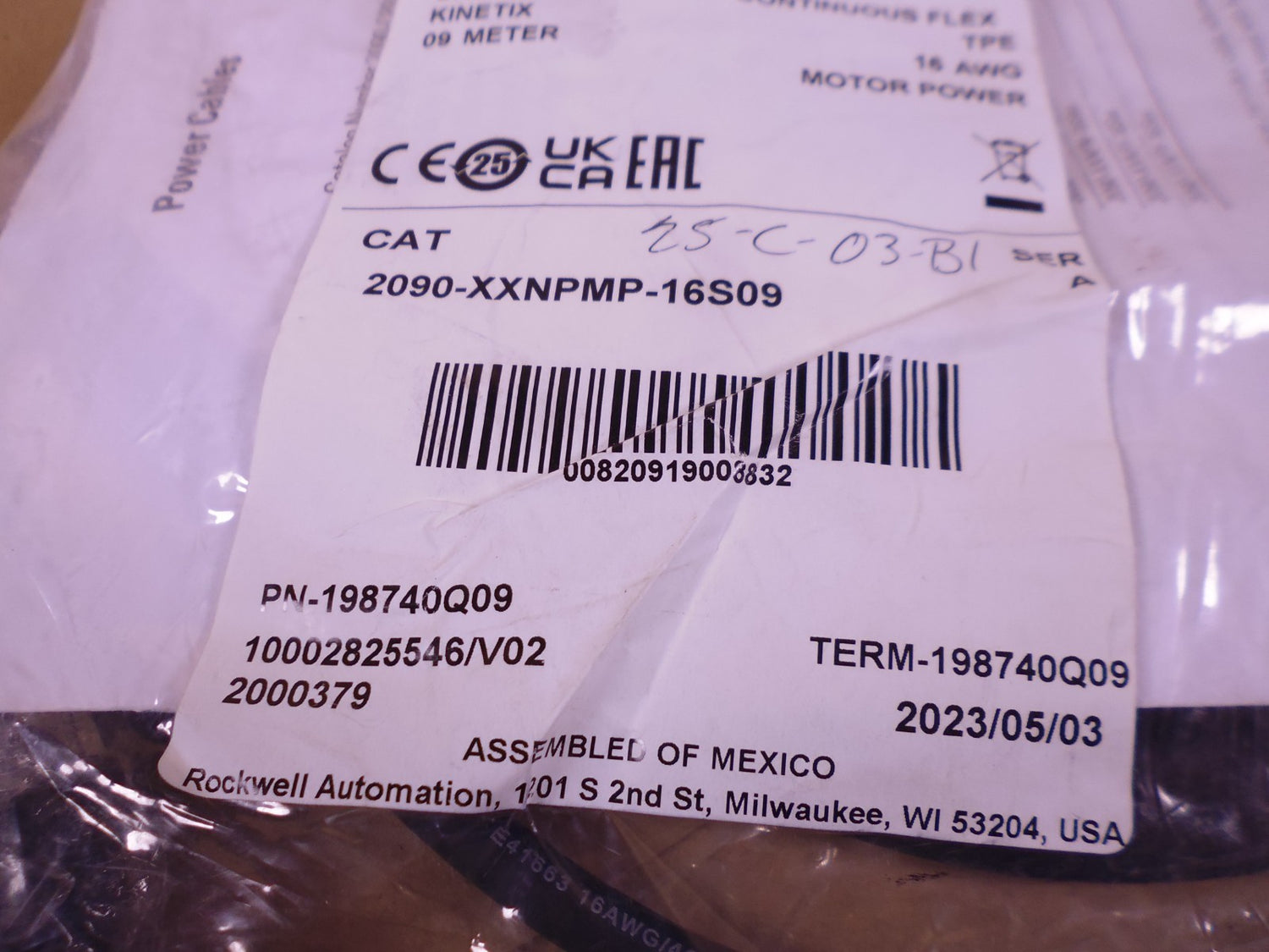 Allen-Bradley 2090-XXNPMP-16S09 Motor Power Cable Kinetix 9m 198740Q09 SER A | Electrical MRO Replacement Parts &amp; Components and Commercial Electrical Supplies Company