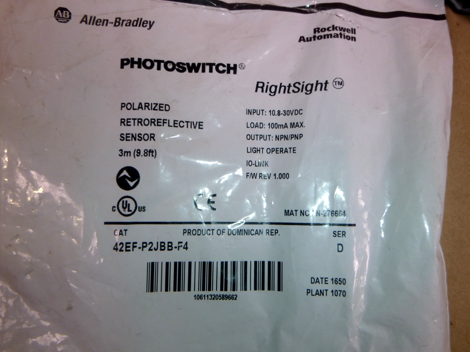 42EF-P2JBB-F4 Allen-Bradley 10.8-30 Vdc RightSight Photosensor 3 Meter Range