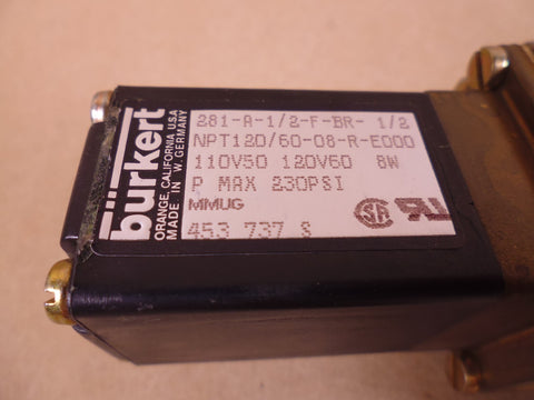 Burkert 281-A-1/2-F-BR-1/2 1/2" NPT Solenoid Valve 120V 230PSI 8W | Industrial MRO Replacement Parts, Manufacturing Machine Parts & Components, Heavy Equipment Parts Supplier