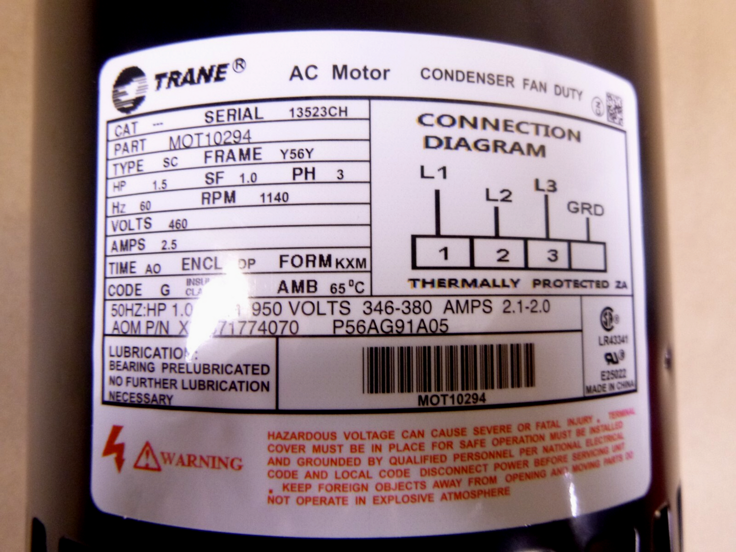 MOT10294 Trane Condenser Fan Motor 460V 3 Phase Motor - 1.5HP, 1140RPM, 56Frame | Industrial Electric Motors, Pumps &amp; Parts