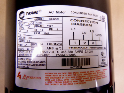 MOT10294 Trane Condenser Fan Motor 460V 3 Phase Motor - 1.5HP, 1140RPM, 56Frame | Industrial Electric Motors, Pumps & Parts