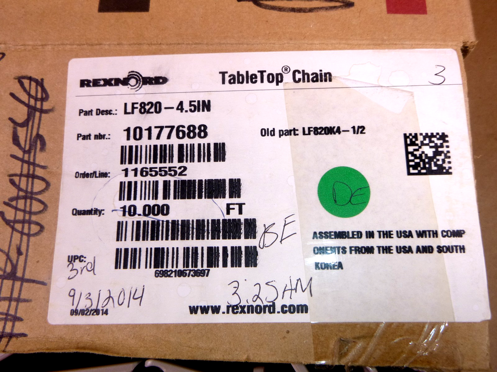 10Ft Rexnord LF820K4-1/2 Low Friction Table Top Chain Width 4-1/2" Pitch 1-1/2" | Industrial MRO Replacement Parts, Manufacturing Machine Parts & Components, Heavy Equipment Parts Supplier