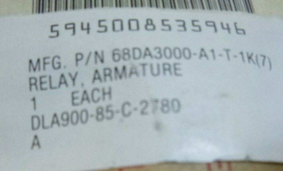 68DA3000-A1-T-1K(7) ELECTROMAGNETIC RELAY AIRCRAFT NAVAL , 5945-00-853-5946 | Electrical MRO Replacement Parts &amp; Components and Commercial Electrical Supplies Company