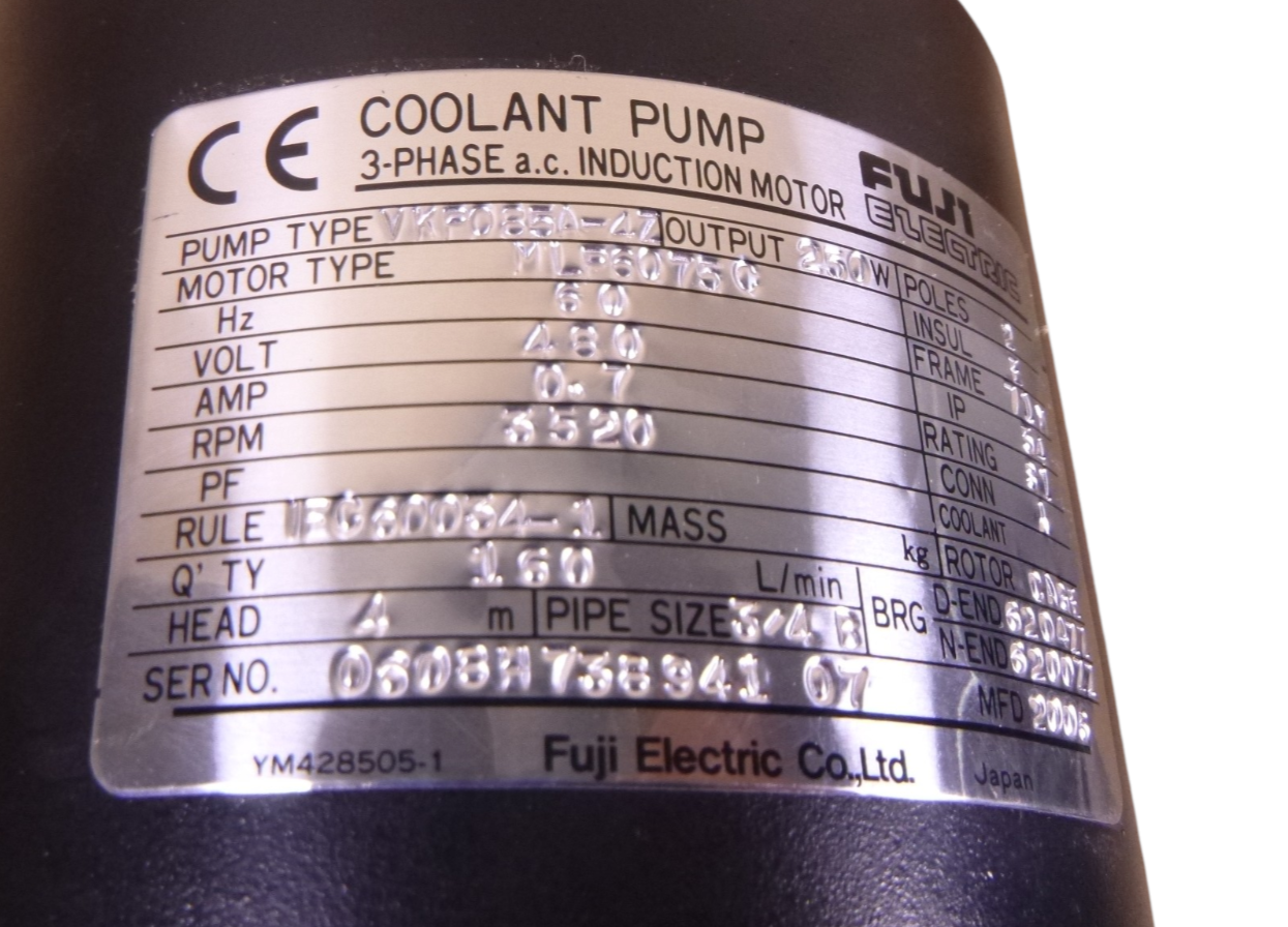480V FUJI VKP085A-4Z 3-Phase Coolant Pump 250W 71M 2Pole 3/4" NPT 160L/MIN | Industrial Electric Motors, Pumps &amp; Parts