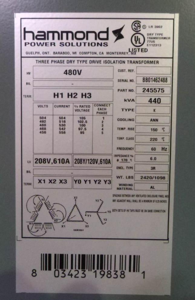 New Hammond Transformer 440 KVA 480 Volt Primary 208Y/120V Secondary Type K 3R | Electrical MRO Replacement Parts &amp; Components and Commercial Electrical Supplies Company
