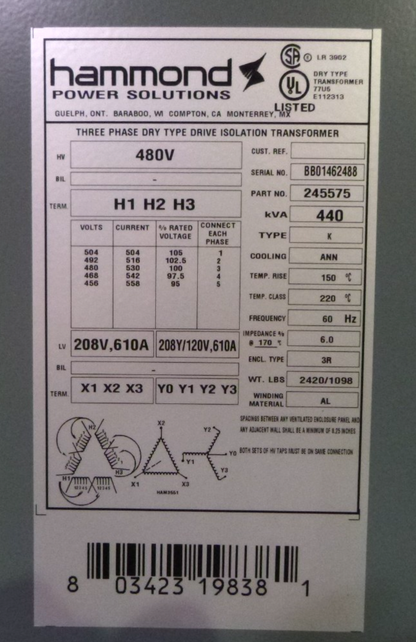 New Hammond Transformer 440 KVA 480 Volt Primary 208Y/120V Secondary Type K 3R | Electrical MRO Replacement Parts &amp; Components and Commercial Electrical Supplies Company