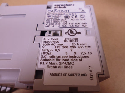 SPRECHER &amp; SCHUH CA7-12-01-120 Contactor 1N.C. Aux 3P 120V 12A Ser. A | Electrical MRO Replacement Parts &amp; Components and Commercial Electrical Supplies Company
