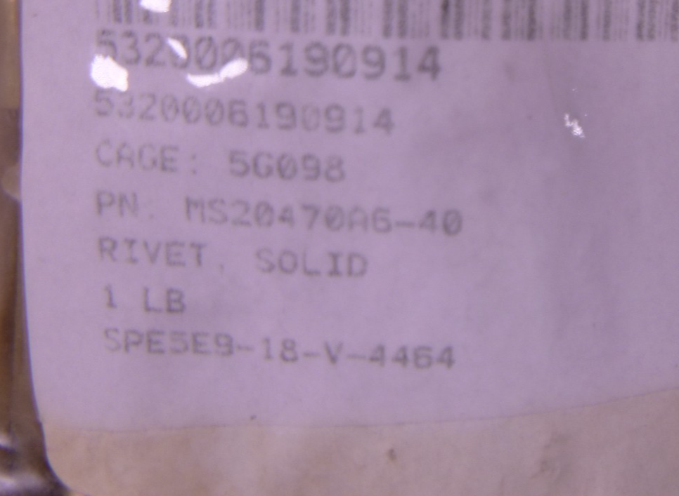 1LB MS20470A6-40 Aluminum Mil Solid Rivet , 3/16" Dia. x 2-1/2" 5320-00-619-0914 | Industrial Replacement Nuts & Bolts Distributor and Machinery Screws & Fasteners Supply