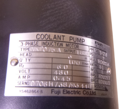 480V Fuji Electric VKP075A Coolant Pump 180W , 0.45A , 100 I/min , 3m Head, 1/2" | Industrial Electric Motors, Pumps &amp; Parts