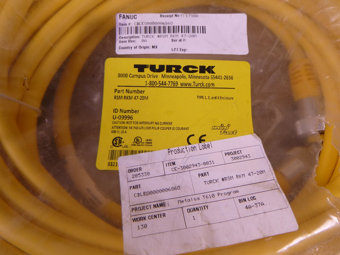 TURCK RSM RKM 47-20M Actuator &amp; Sensor Cable 20M 4-Pin Male Female , U-09996 | Electrical MRO Replacement Parts &amp; Components and Commercial Electrical Supplies Company