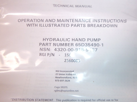 USGI Military RGI Hydraulic Pump 65D35490-1, 4320-00-918-9487