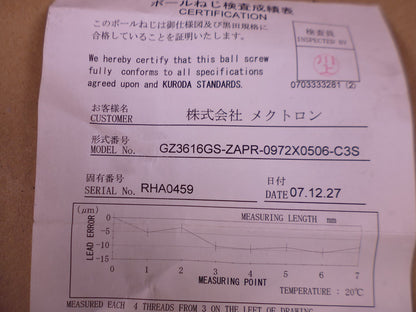 Kuroda GZ3616GS-ZAPR-0972X0506-C3S Ball Screw, 970mm Overall | Industrial MRO Replacement Parts, Manufacturing Machine Parts &amp; Components, Heavy Equipment Parts Supplier
