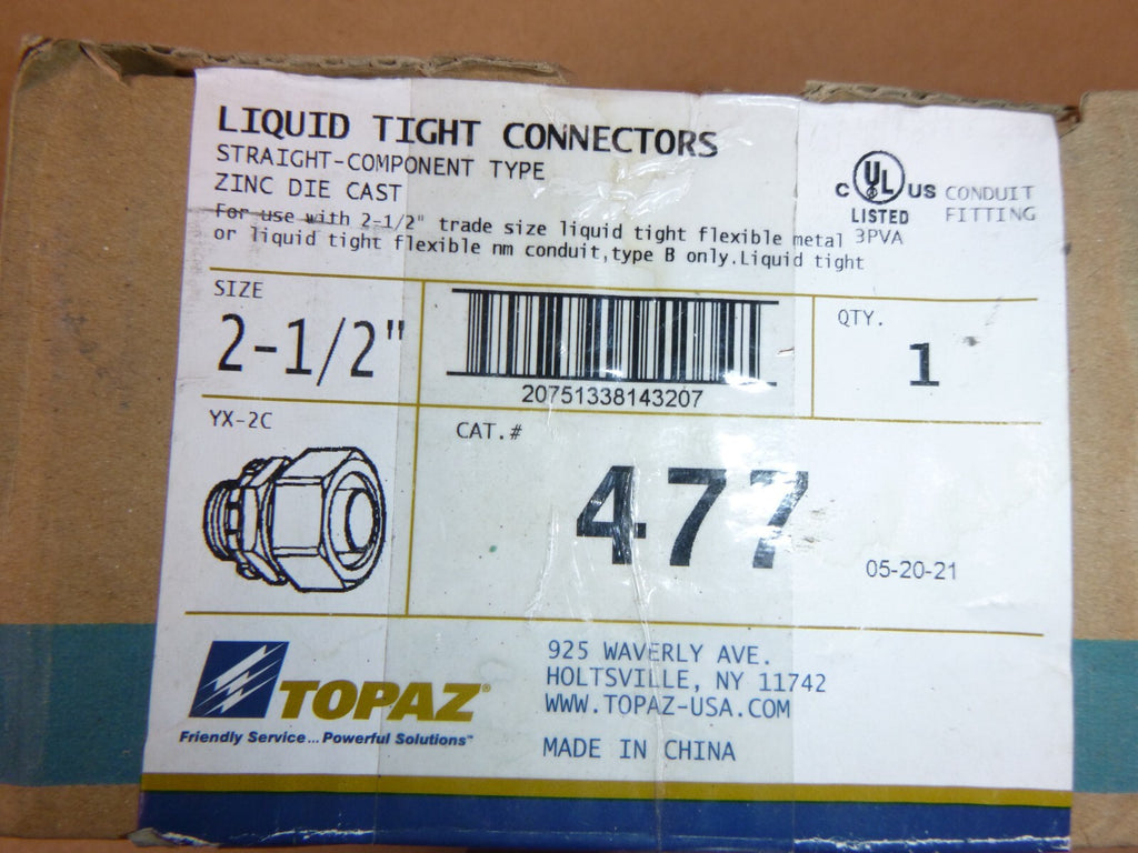Topaz 477 Straight Liquidtight Conduit Connector, Die Cast Zinc, 2-1/2" | Industrial Replacement Nuts & Bolts Distributor and Machinery Screws & Fasteners Supply
