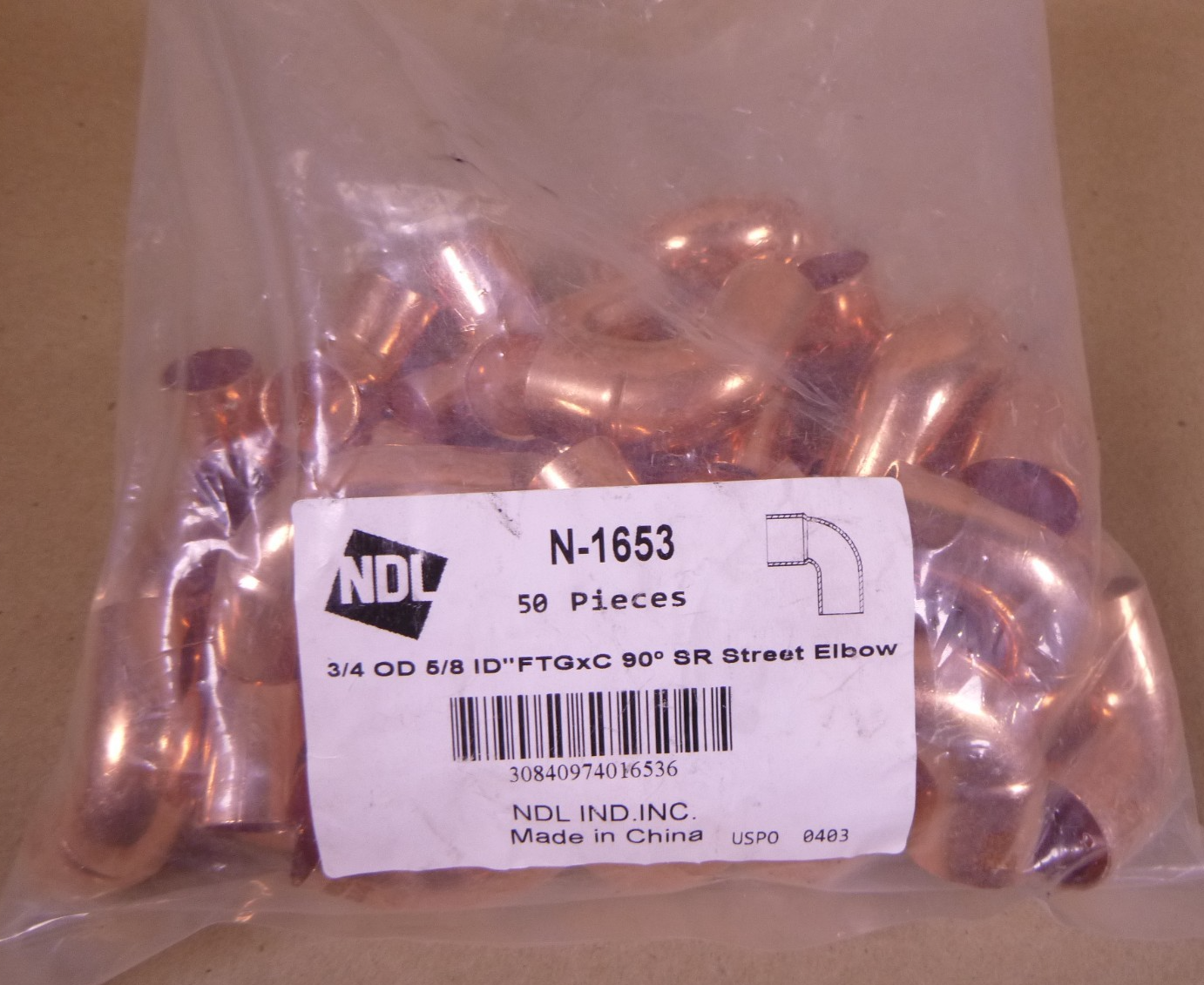 (36 PCS) NDL N-1653 Short Radius Tube Street 90 deg Elbow Copper , 3/4 x 5/8 in | Industrial Replacement Nuts &amp; Bolts Distributor and Machinery Screws &amp; Fasteners Supply