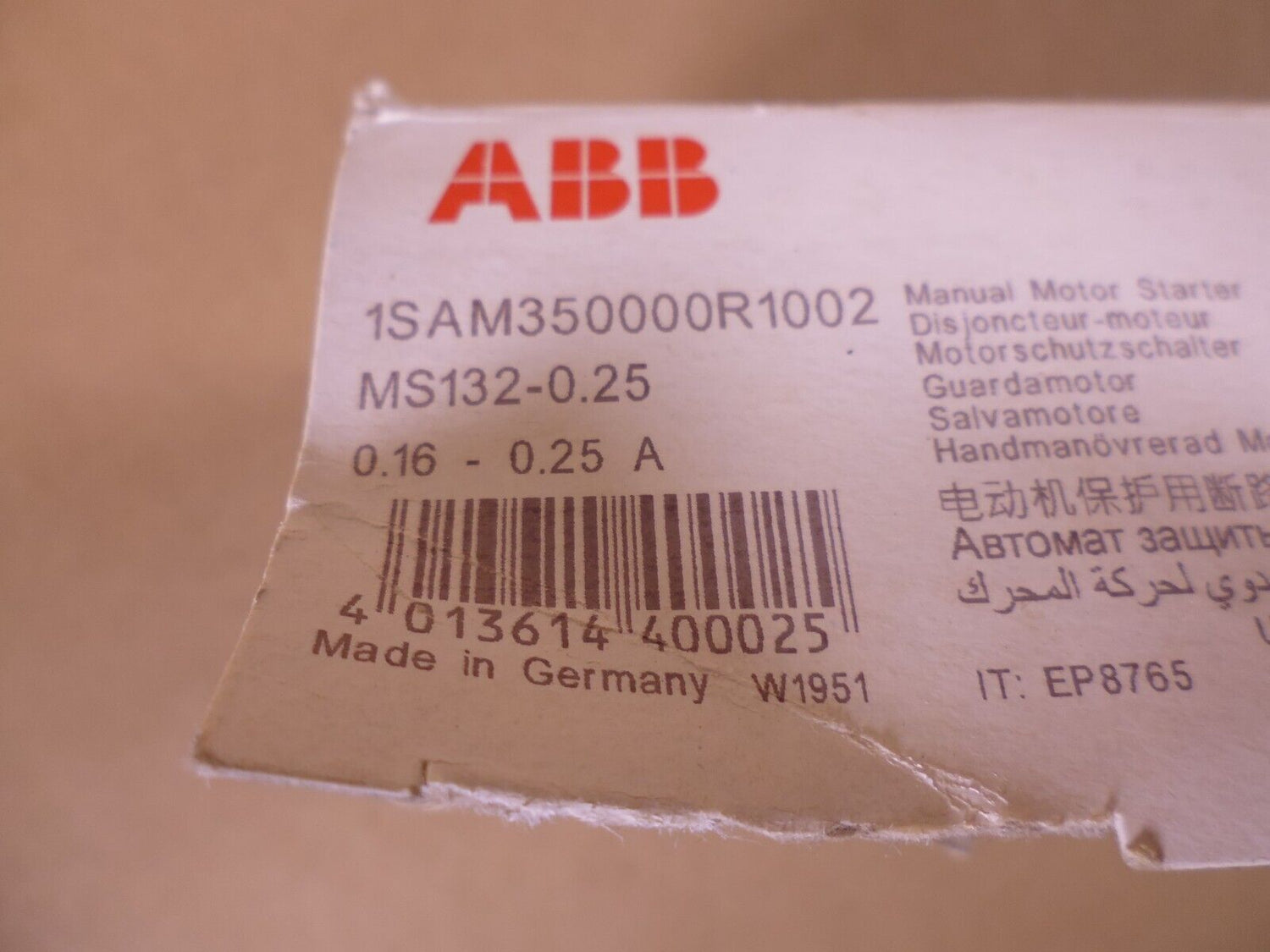 ABB Manual Motor Starter 1SAM350000R1002 MS132-0.25 .16-0.25 Amp | Electrical MRO Replacement Parts &amp; Components and Commercial Electrical Supplies Company