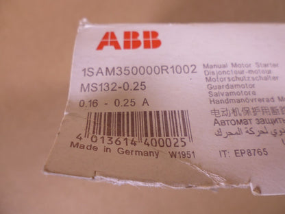 ABB Manual Motor Starter 1SAM350000R1002 MS132-0.25 .16-0.25 Amp | Electrical MRO Replacement Parts &amp; Components and Commercial Electrical Supplies Company